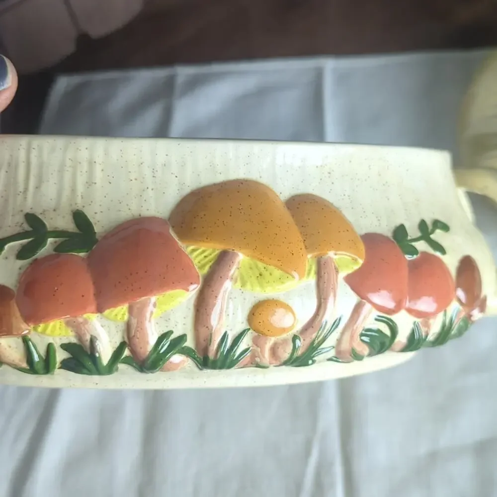 Vintage Storybook Mushroom Covered Serving Dish Large Folk Art Whimsical